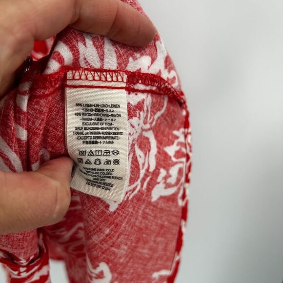 FREE PEOPLE Red Orange Floral Print Linen Button Up Babydoll Mini Dress Size 2 - Picture 8 of 8